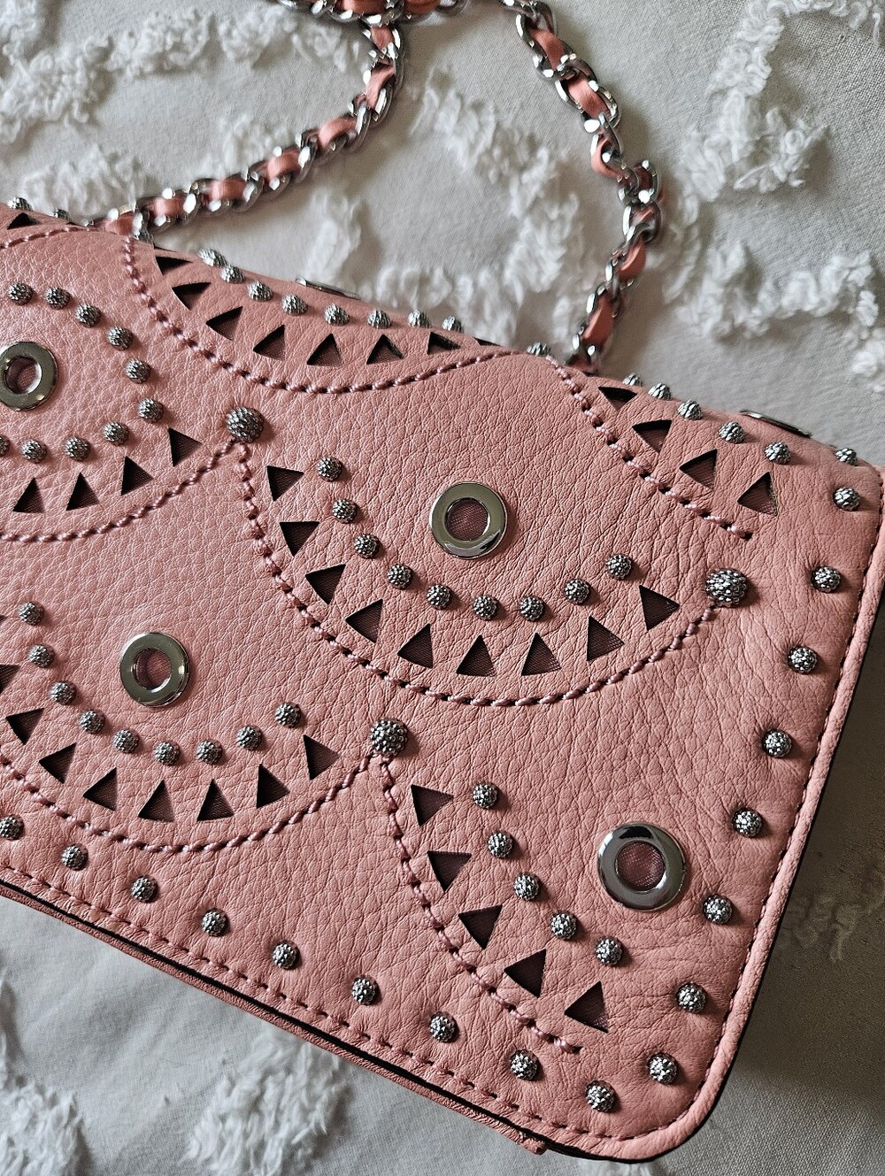 Aimee Kestenberg Pink Leather Studded Laser Cut Chain Crossbody Bag